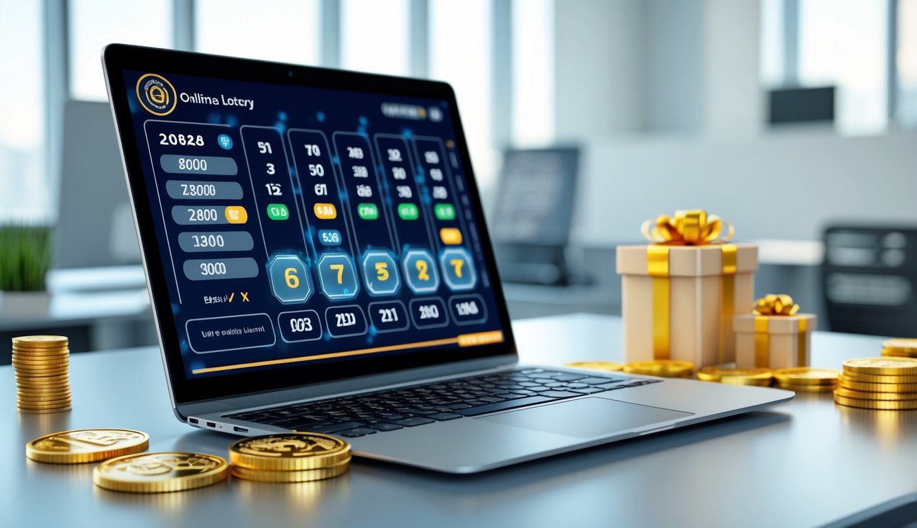 Sebuah ruang kerja modern dengan laptop yang menampilkan antarmuka lotere digital dan beberapa koin emas serta simbol diskon di atas meja.
