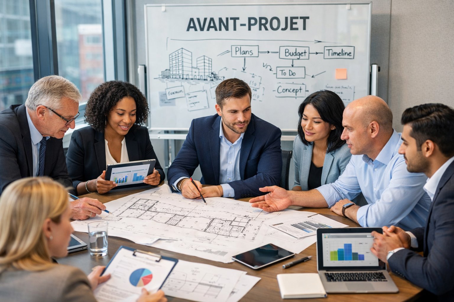 Un groupe de professionnels en réunion autour d'une table, examinant des plans et des documents de projet dans un bureau moderne.