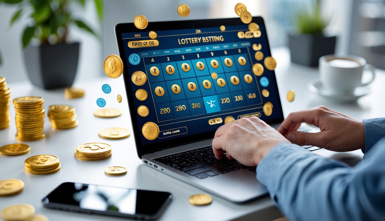 Seseorang menggunakan laptop di meja kerja dengan layar menampilkan antarmuka lotere online dan simbol koin serta hadiah di sekitar.