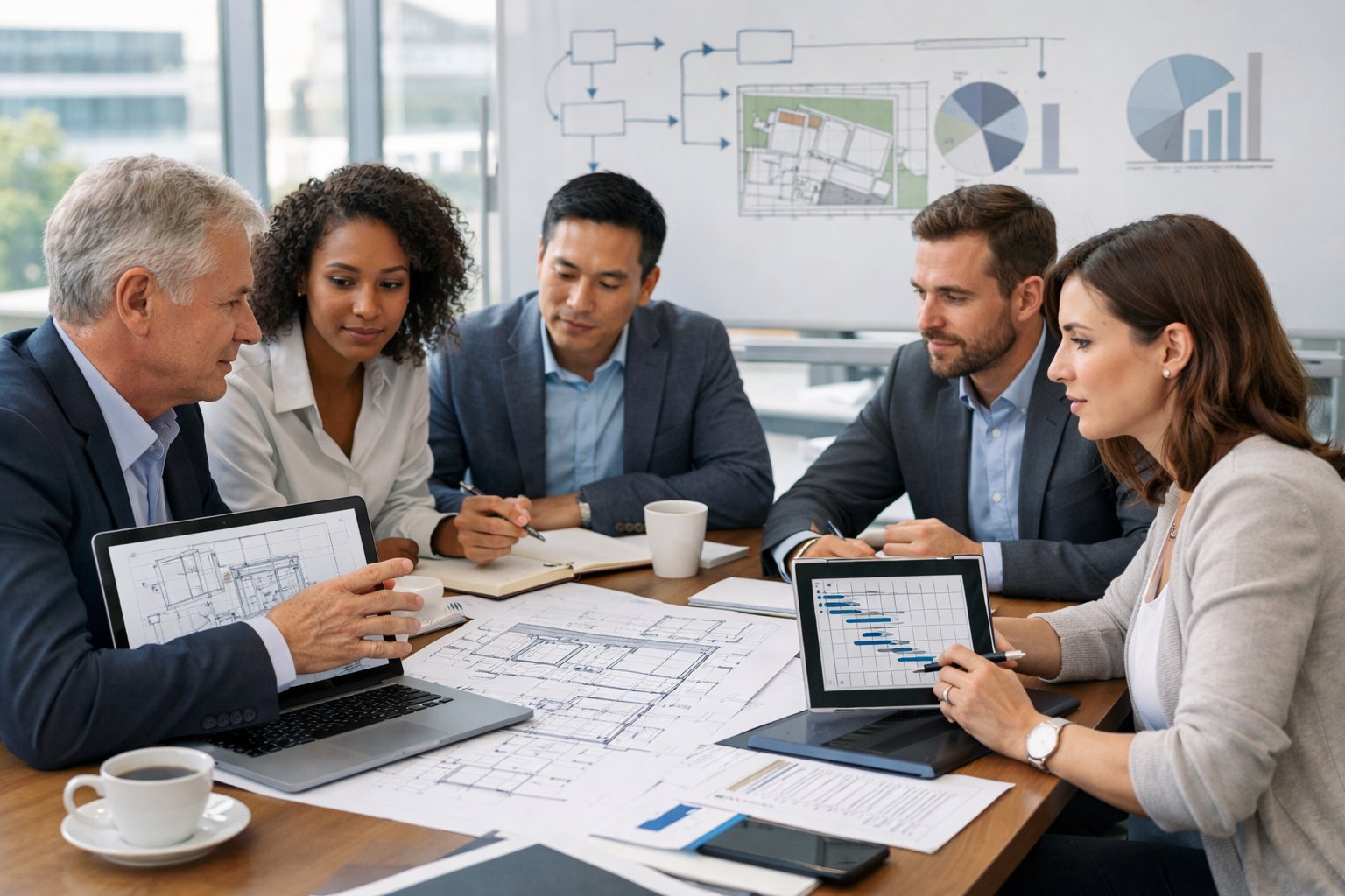 Un groupe de professionnels en réunion autour d'une table avec des plans et des ordinateurs dans un bureau lumineux.