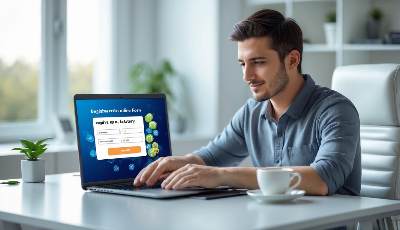 Seorang pria muda duduk di meja dengan laptop, tampak fokus mendaftar di sebuah layanan online di ruang kerja rumah yang terang.