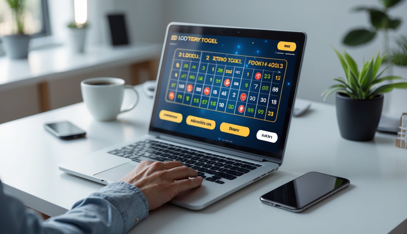 Seseorang menggunakan laptop di meja kerja modern dengan tampilan antarmuka lotere digital di layar.
