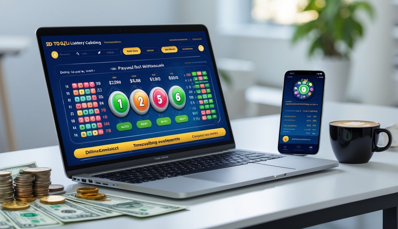 Seseorang menggunakan laptop dan smartphone untuk bermain judi togel online dengan tampilan angka dan konfirmasi pembayaran di layar.