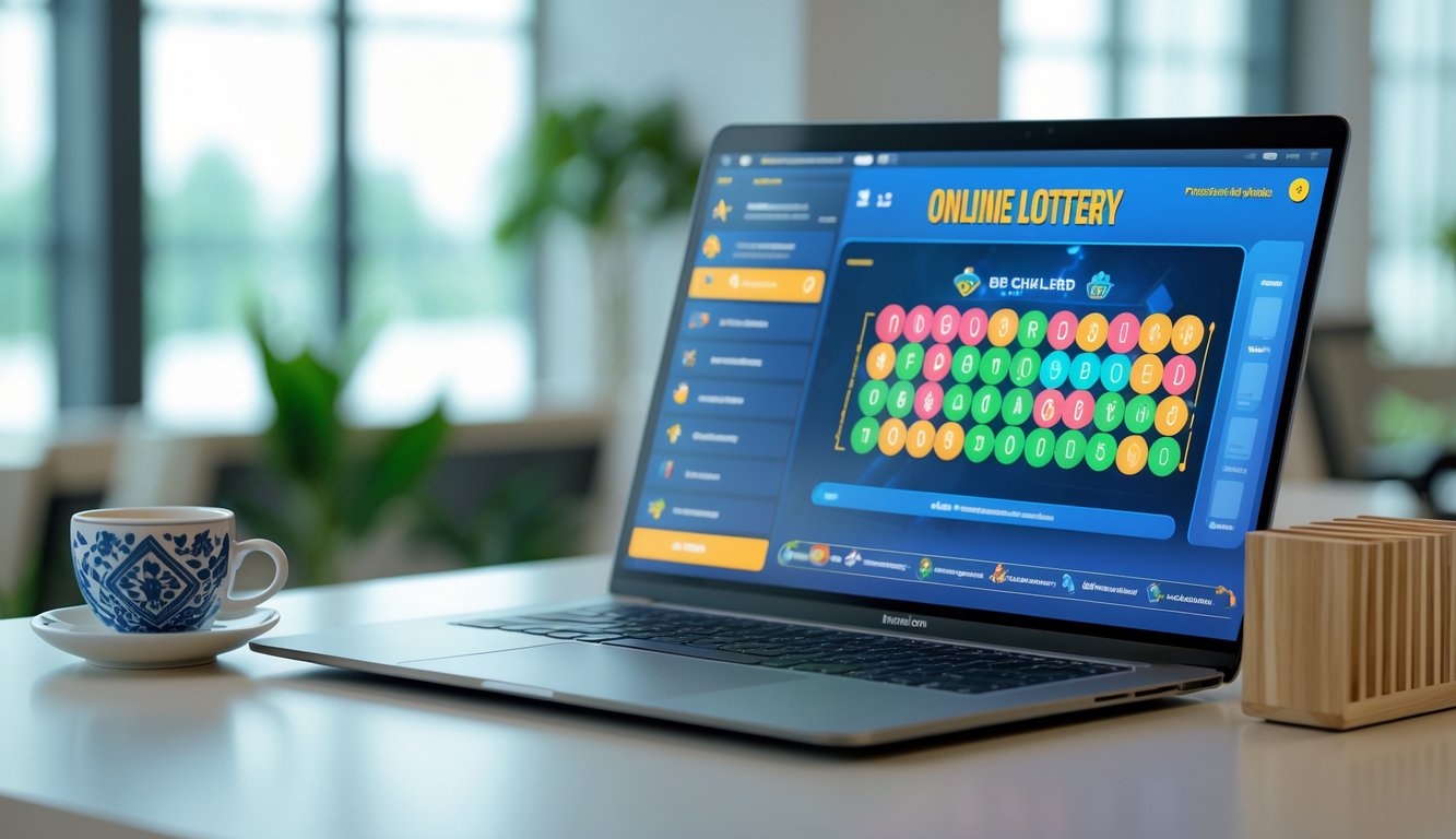Sebuah ruang kerja modern dengan laptop yang menampilkan antarmuka permainan togel 2D online, di atas meja kayu dengan cangkir kopi bermotif batik kecil.