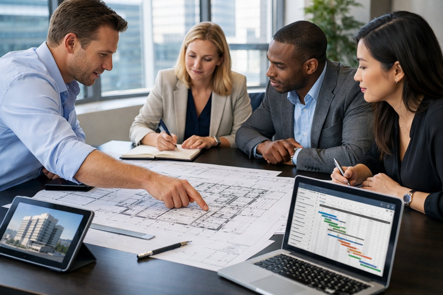 Un groupe de professionnels en réunion autour d'une table avec des plans et des appareils numériques dans une salle de conférence lumineuse.