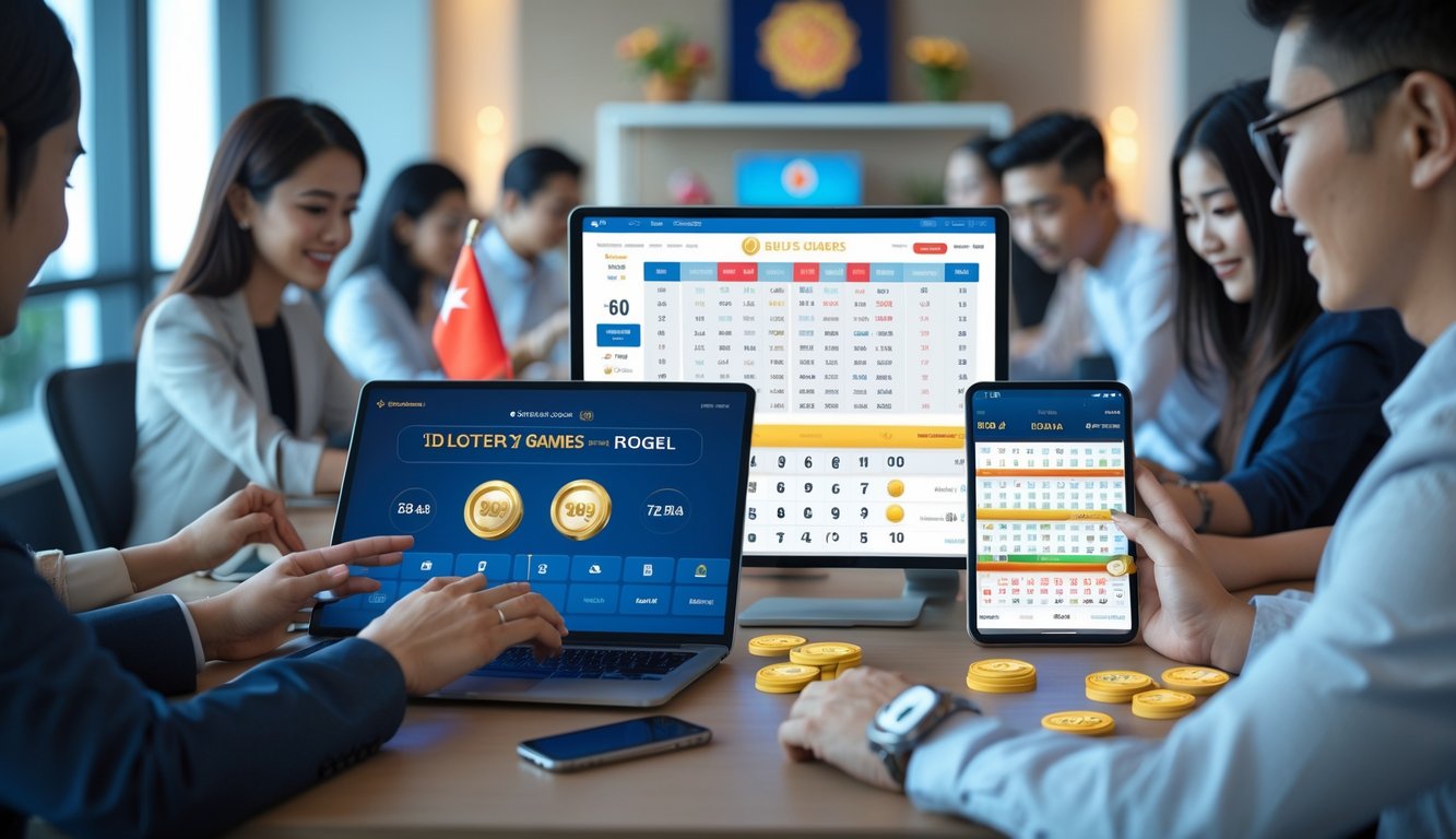 Orang-orang menggunakan perangkat digital untuk bermain judi togel 2D online dalam suasana ruangan yang modern dan profesional dengan dekorasi khas Indonesia.