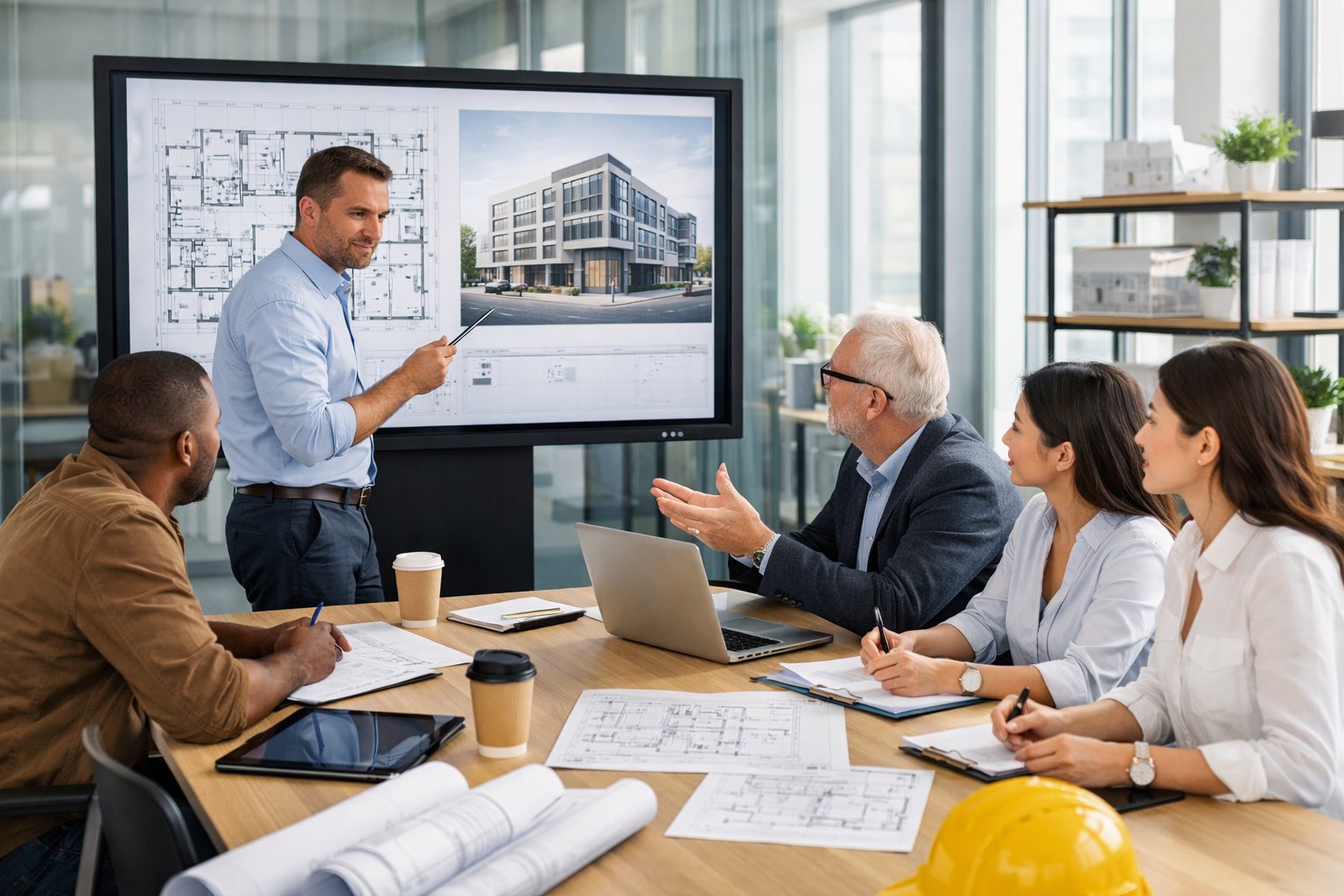 Un groupe de professionnels en réunion autour d'une table avec des plans et des appareils numériques dans un bureau moderne.