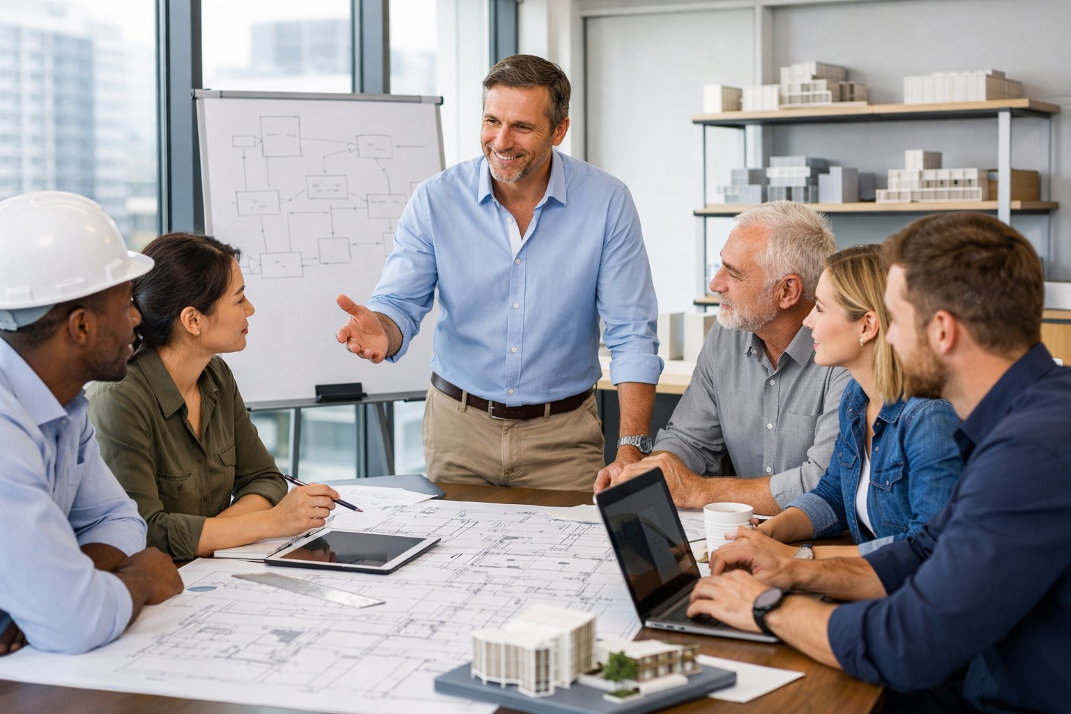 Un groupe de professionnels en réunion autour d'une table avec des plans et des ordinateurs dans un bureau lumineux.