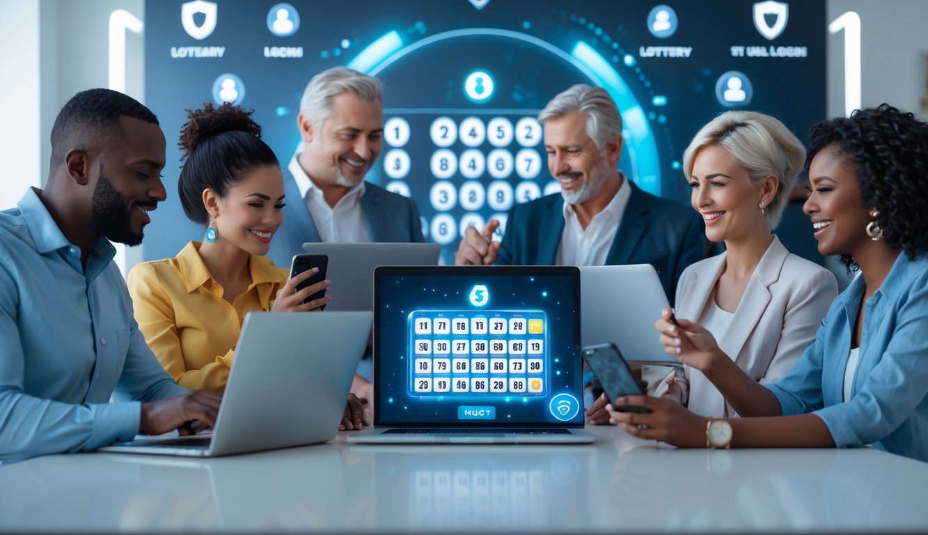 Sekelompok orang menggunakan perangkat digital di ruang kerja yang bersih, dengan tampilan antarmuka digital yang menunjukkan elemen keamanan.