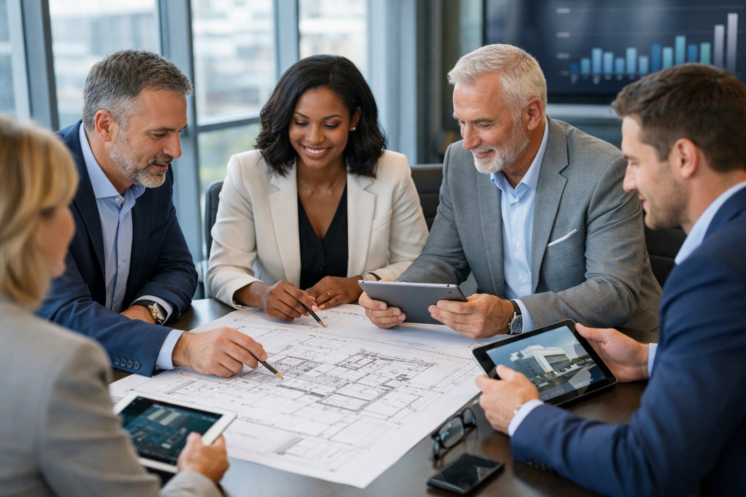 Un groupe de professionnels en réunion autour d'une table de conférence, examinant des plans et des tablettes dans un bureau moderne lumineux.