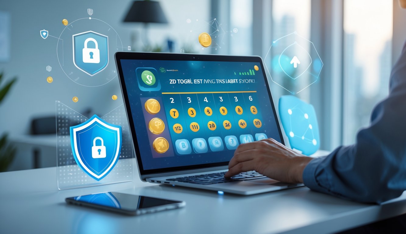 Seseorang menggunakan laptop di meja kerja yang modern dengan tampilan antarmuka togel online dan simbol keamanan di latar belakang.