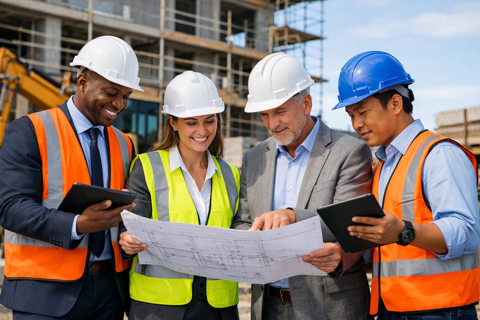 Un groupe de professionnels sur un chantier de construction en train de consulter des plans et des tablettes, entouré de matériel et d'échafaudages.