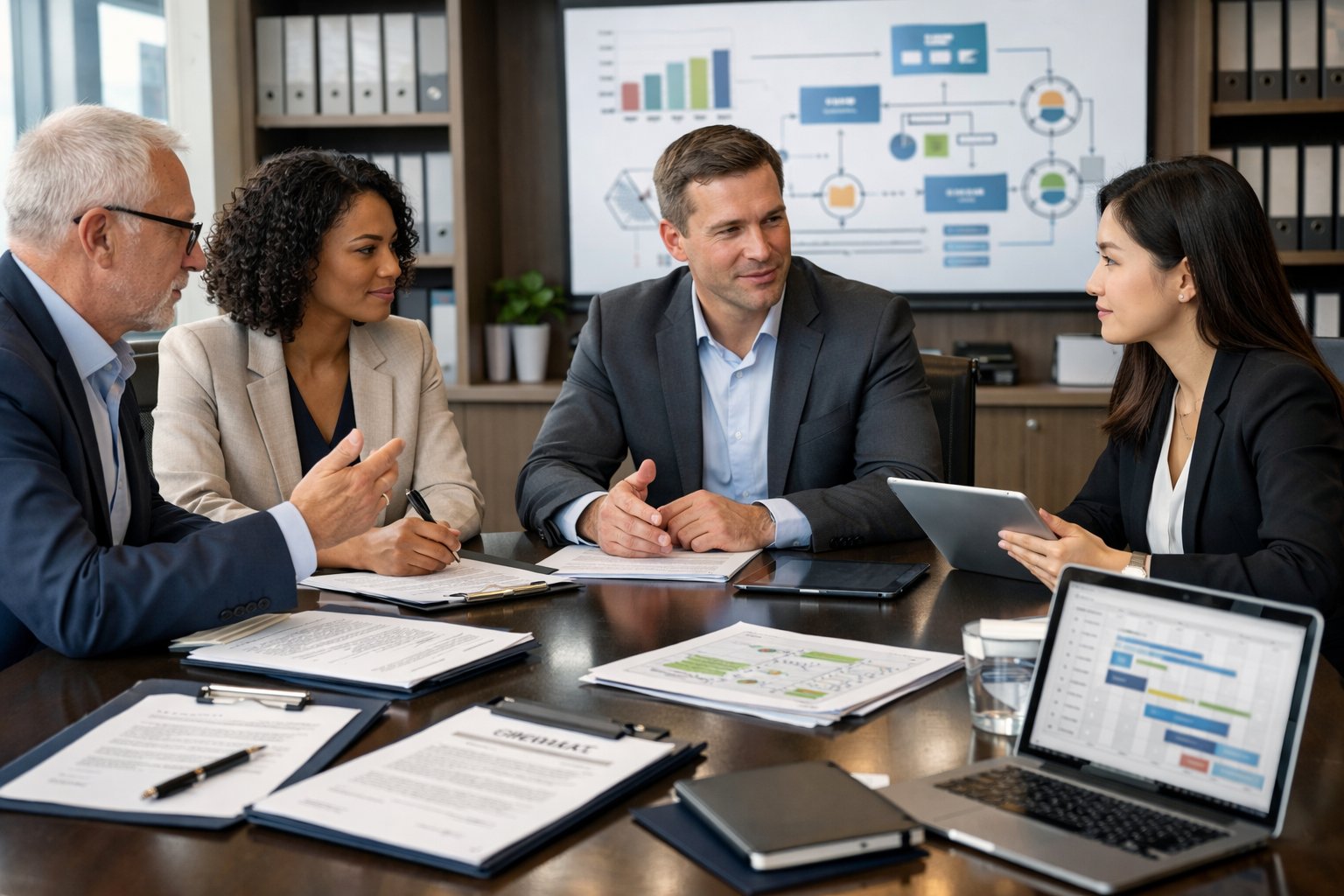 Des professionnels en réunion autour d'une table de conférence avec des documents et des appareils numériques, discutant de gestion de projet et de réglementation.