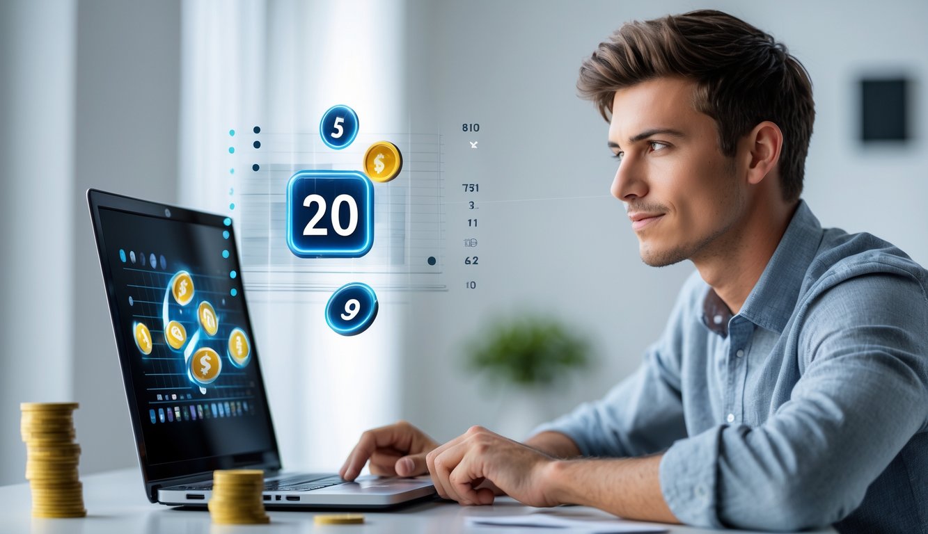 Seorang pria muda duduk di depan laptop dengan ekspresi fokus dan tenang, di meja dengan beberapa koin, menunjukkan suasana bermain togel online dengan modal kecil.
