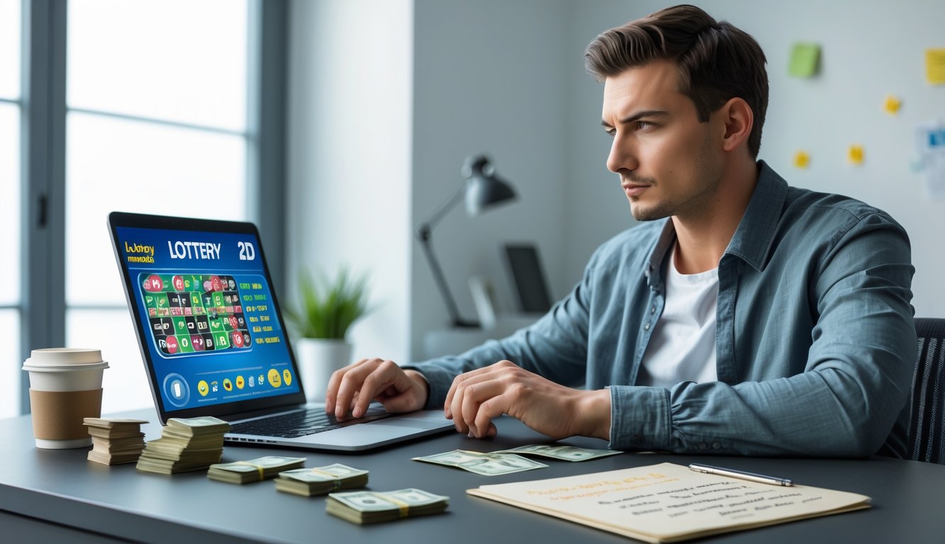 Seorang pria muda duduk di meja dengan laptop, menatap layar yang menampilkan tiket lotere digital, di ruangan terang dengan tumpukan uang kecil dan catatan di meja.