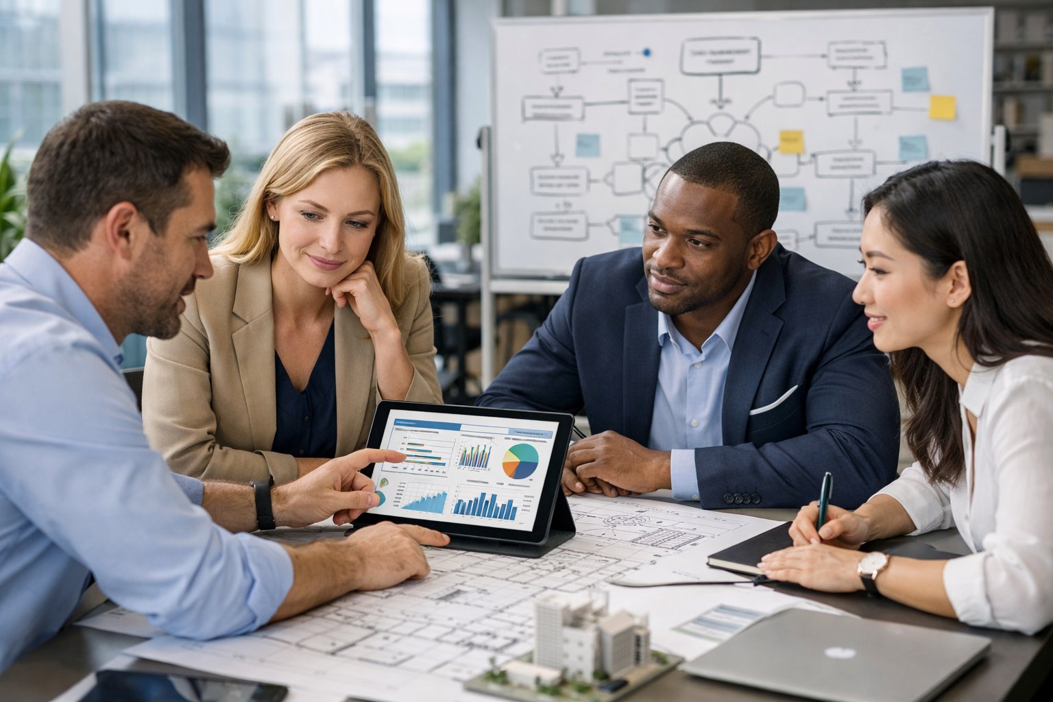 Un groupe de professionnels en réunion autour d'une table avec des plans et des appareils numériques, discutant d'un projet dans un bureau moderne et lumineux.