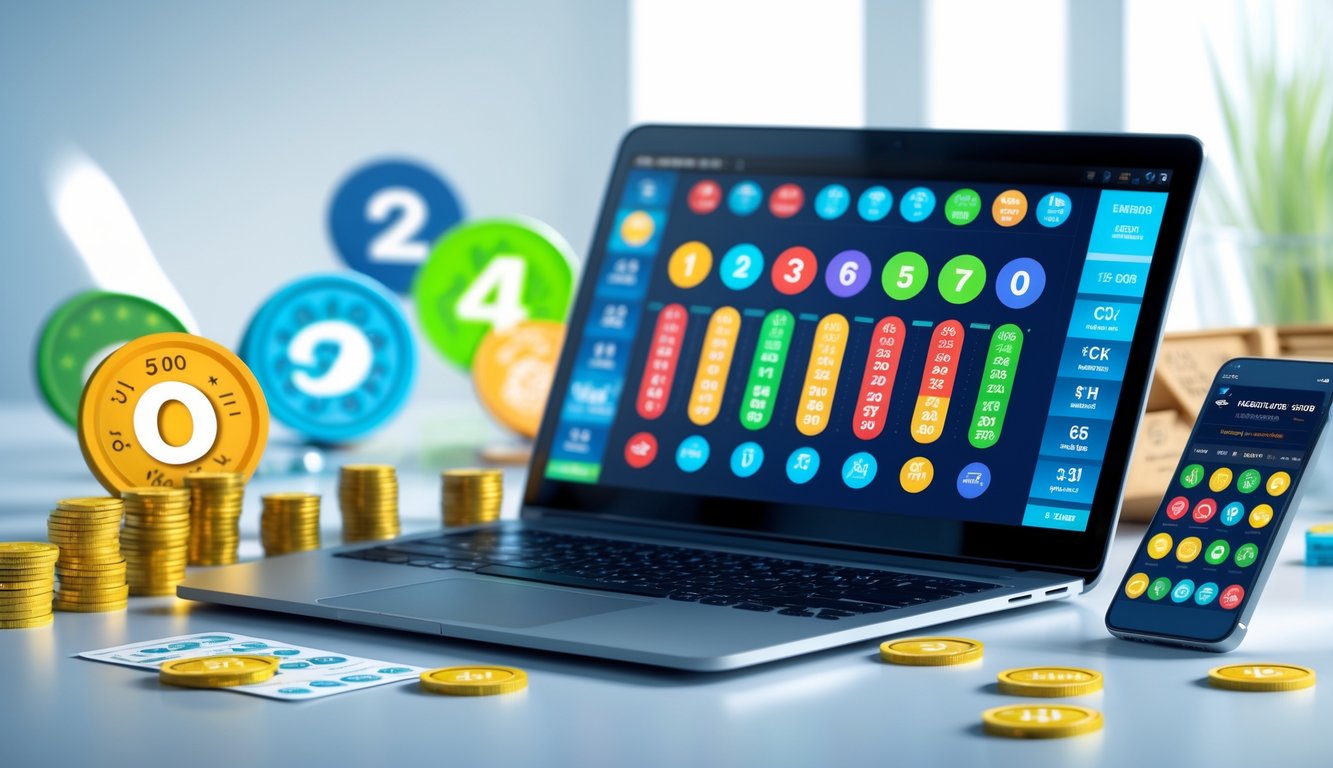 Meja kerja modern dengan laptop dan smartphone yang menampilkan angka dan grafik lotre online.