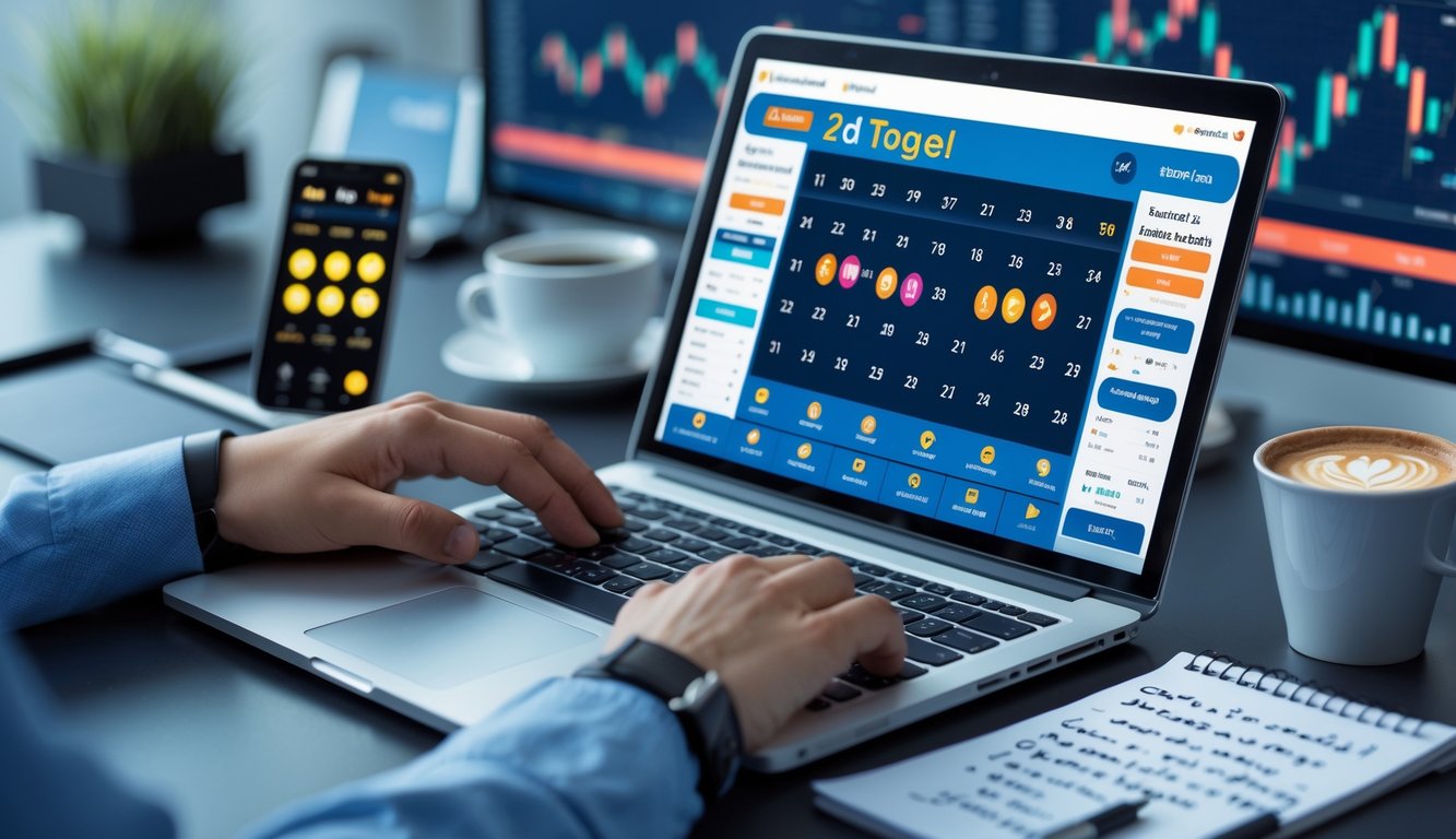Seseorang menggunakan laptop dan ponsel untuk bermain judi togel online dengan latar belakang meja kerja yang rapi.