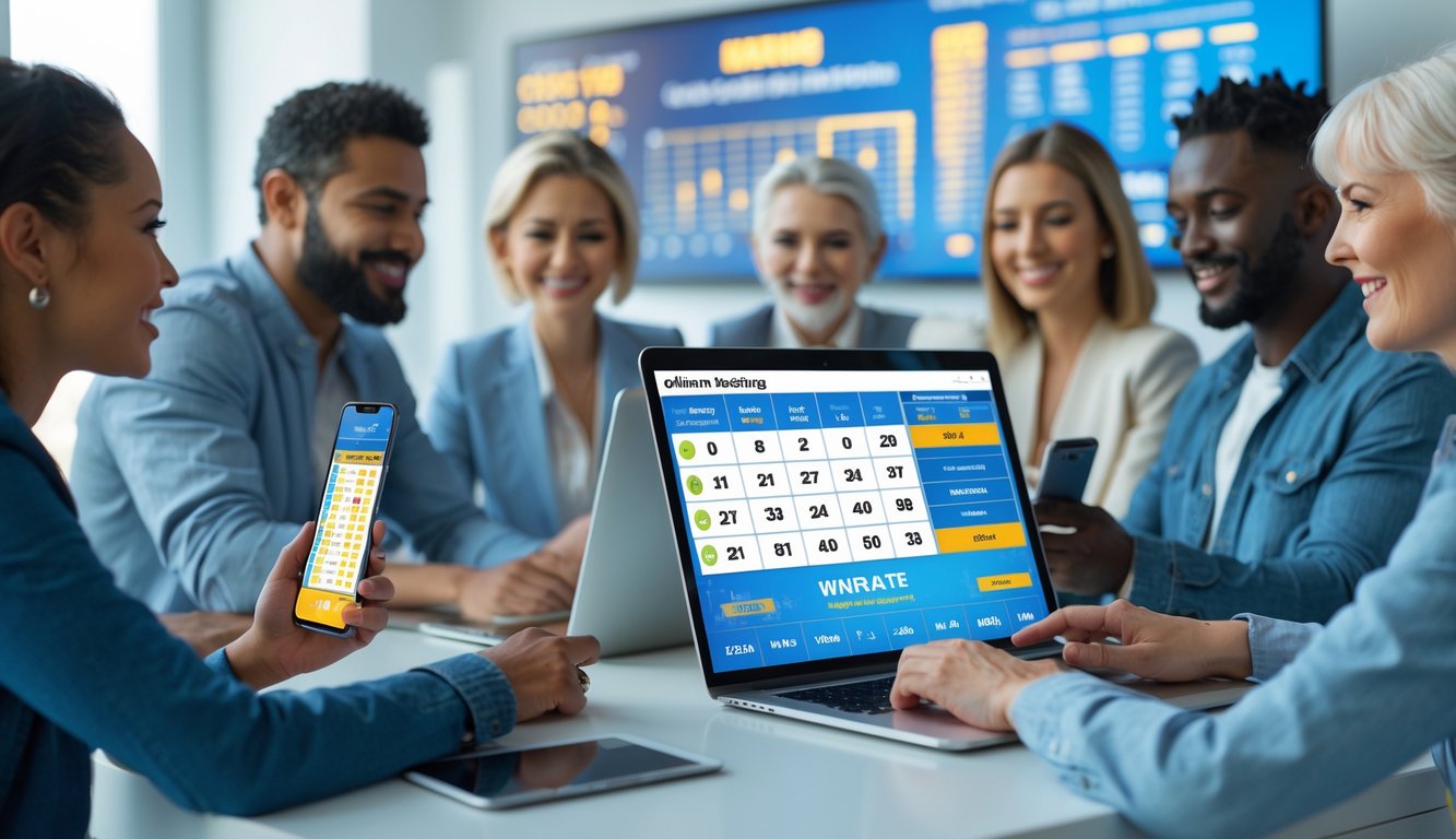 Beberapa orang menggunakan perangkat digital untuk bermain togel online dengan suasana profesional dan cerah.