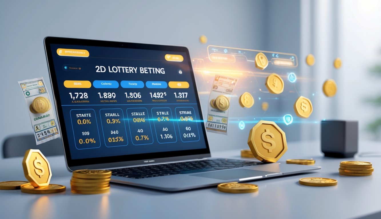 Seorang pria menggunakan laptop di meja kerja dengan tampilan antarmuka lotere digital dan elemen terkait judi online di sekitarnya.