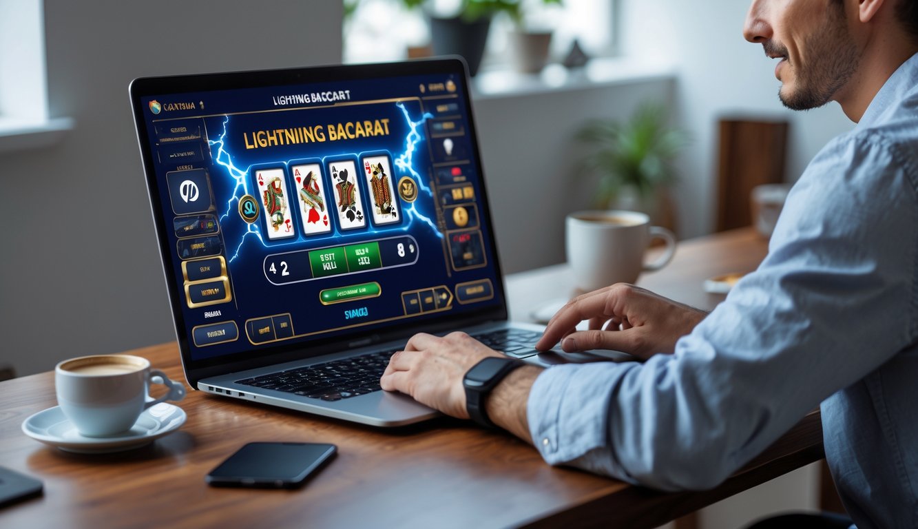 Seorang pemula bermain permainan baccarat online di laptop di lingkungan rumah yang nyaman.