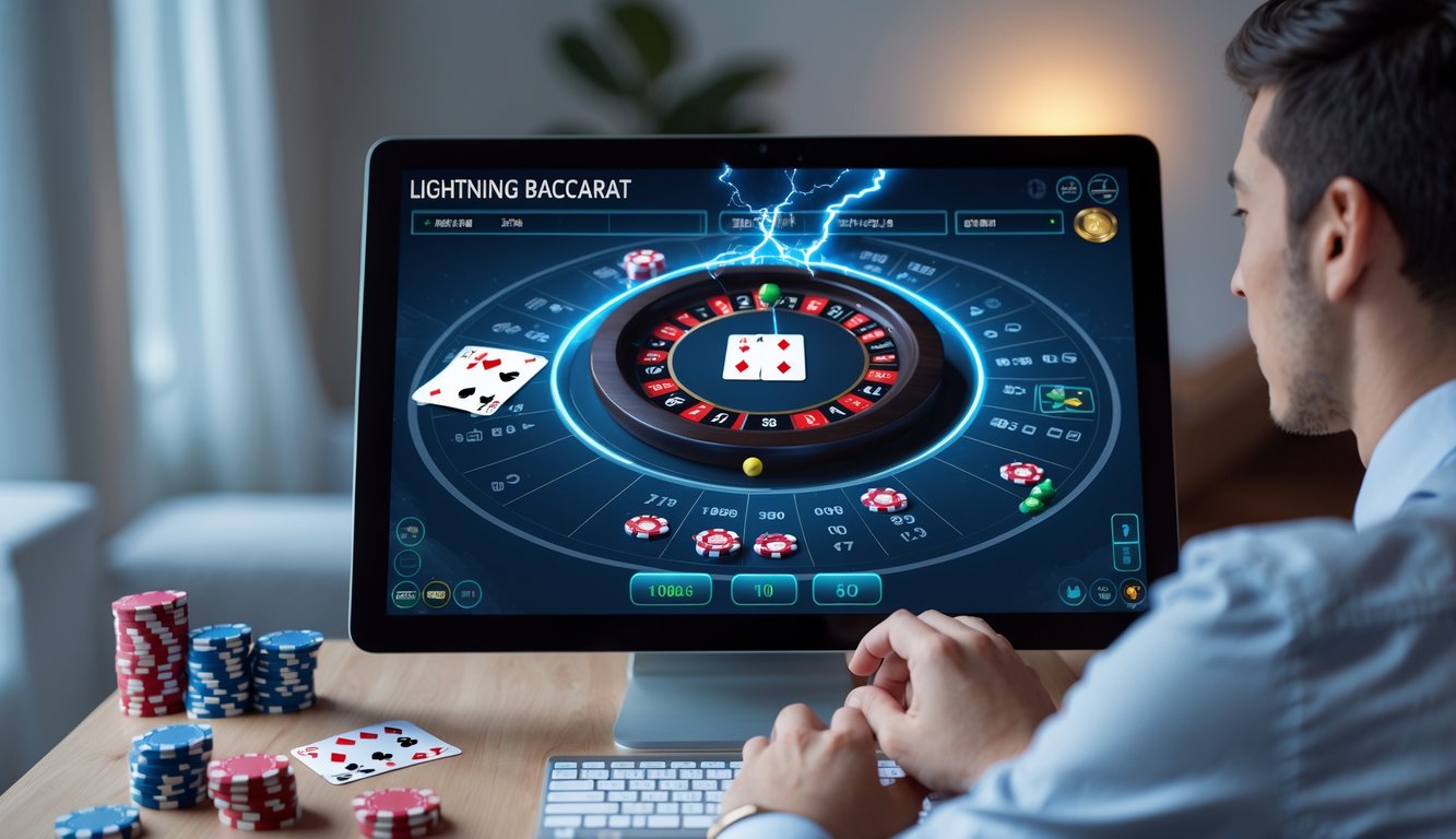 Seseorang sedang bermain permainan Lightning Baccarat online di komputer dengan latar ruangan yang rapi dan pencahayaan lembut.