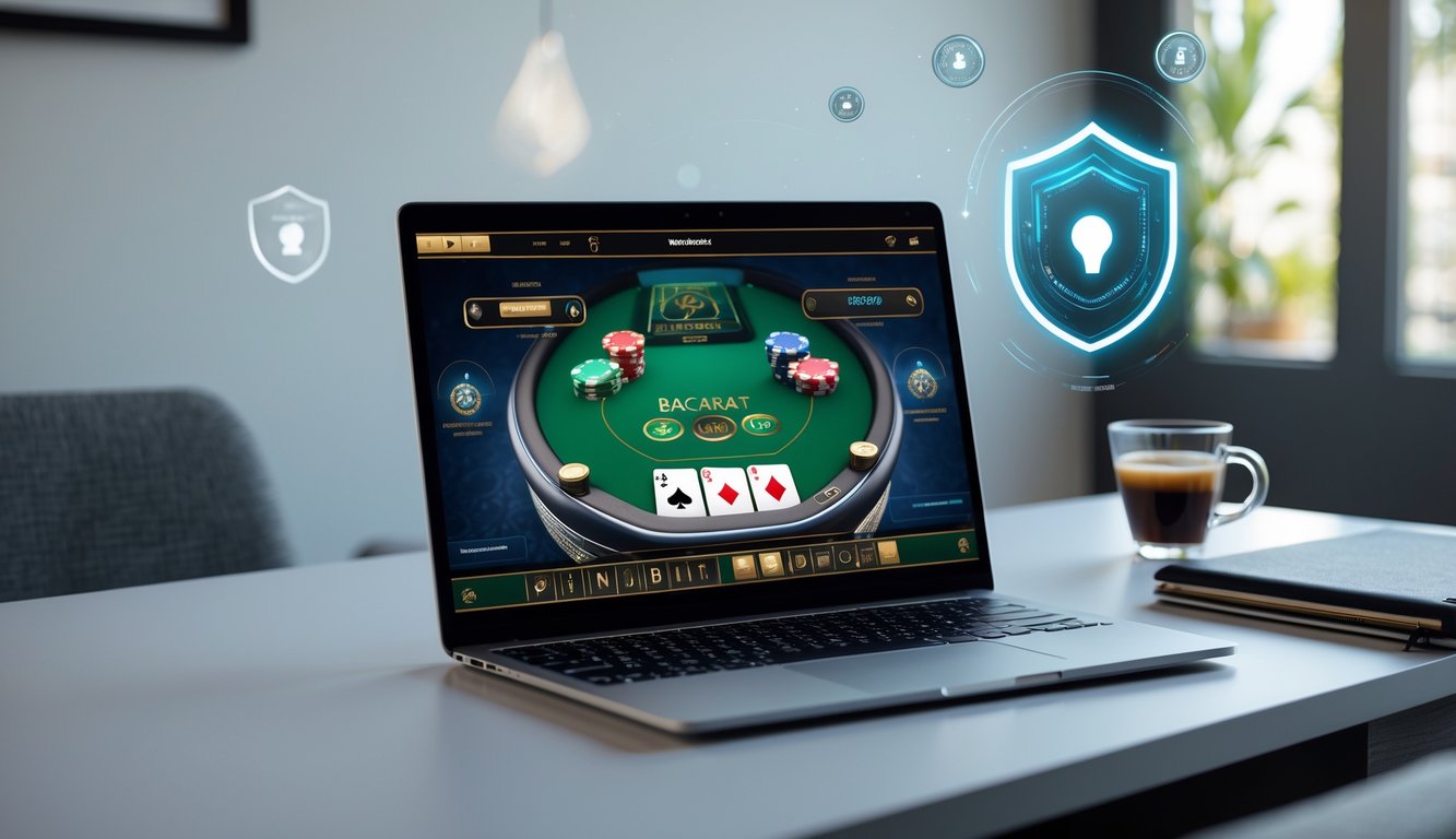 Seorang pengguna bermain permainan baccarat online di laptop di meja kerja yang rapi dengan suasana yang aman dan profesional.