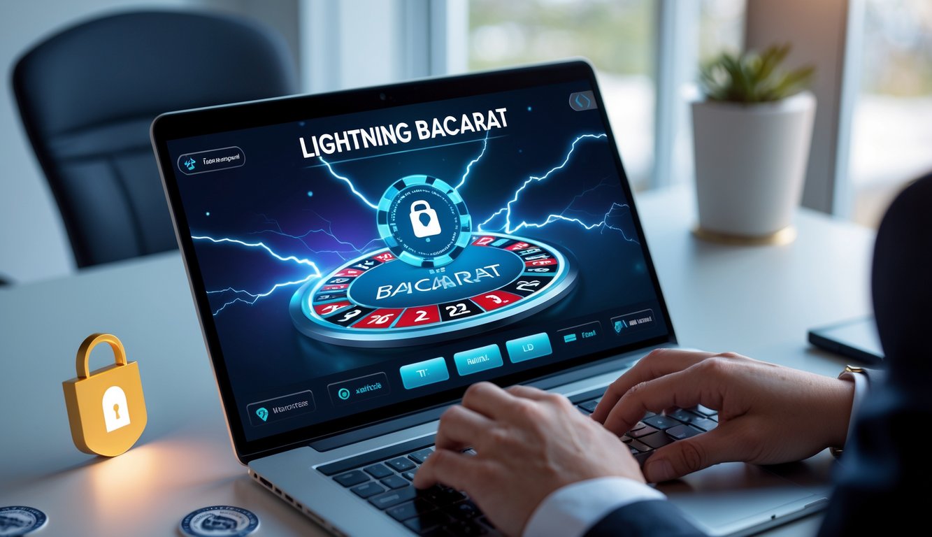 Seseorang menggunakan komputer dengan tampilan permainan baccarat online yang menampilkan efek petir dan simbol keamanan di sekitar perangkat.
