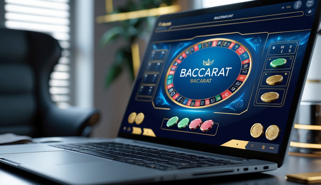 Sebuah laptop menampilkan permainan baccarat online dengan kartu dan chip di meja digital dalam ruangan kantor rumah yang rapi dan tenang.