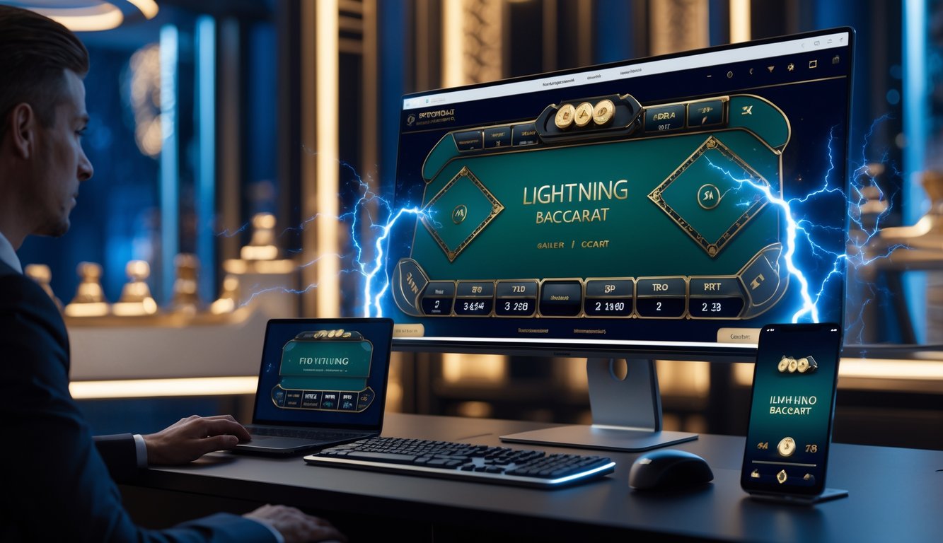 Sebuah layar komputer menampilkan permainan baccarat online dengan efek petir di latar belakang, di meja terdapat keyboard dan ponsel yang juga menampilkan permainan yang sama.