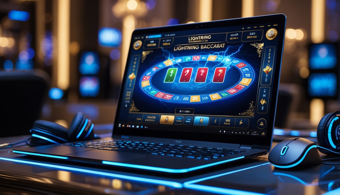Sebuah laptop modern menampilkan permainan Lightning Baccarat online dengan efek petir dan kartu bersinar, dikelilingi aksesori gaming di meja dengan latar belakang suasana kasino mewah.