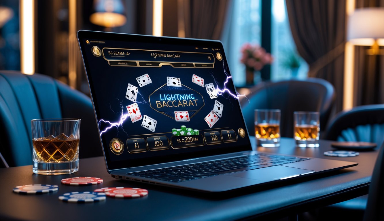 Sebuah meja dengan komputer yang menampilkan permainan Baccarat online dengan efek kilat, di ruangan bermain yang modern dan nyaman.