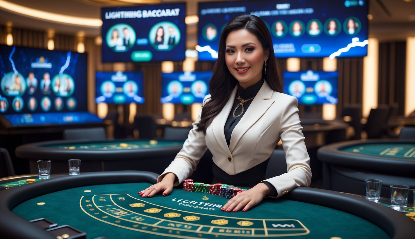 Seorang dealer wanita profesional sedang memimpin permainan Lightning Baccarat online di meja kasino modern dengan layar digital dan efek petir di latar belakang.