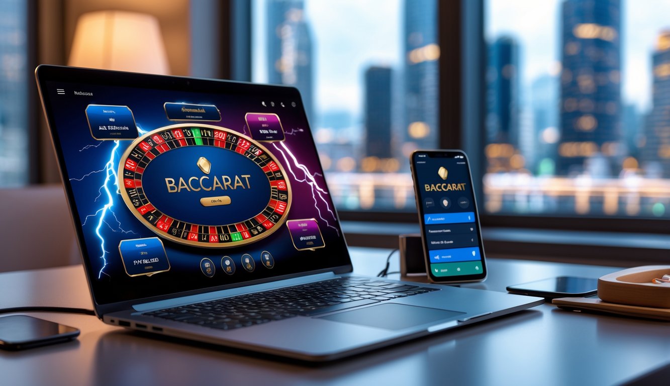 Seorang pemain menggunakan laptop dan ponsel untuk bermain baccarat online dengan latar belakang kota yang terlihat dari jendela.