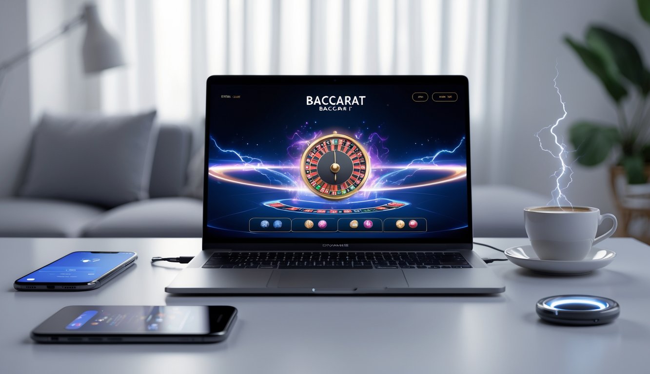 Sebuah laptop menampilkan permainan baccarat online dengan latar belakang efek petir, di meja dengan ponsel dan cangkir kopi di ruang kerja yang nyaman.