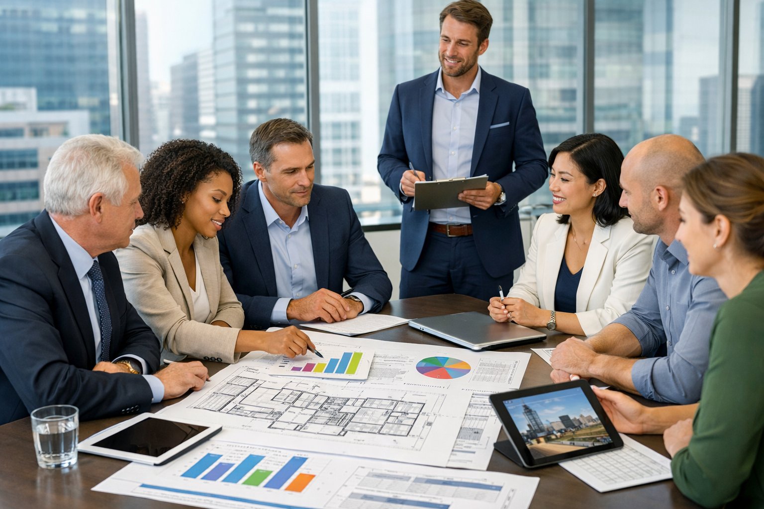 Un groupe de professionnels en réunion autour d'une table avec des documents et des plans, dans un bureau lumineux avec vue sur la ville.