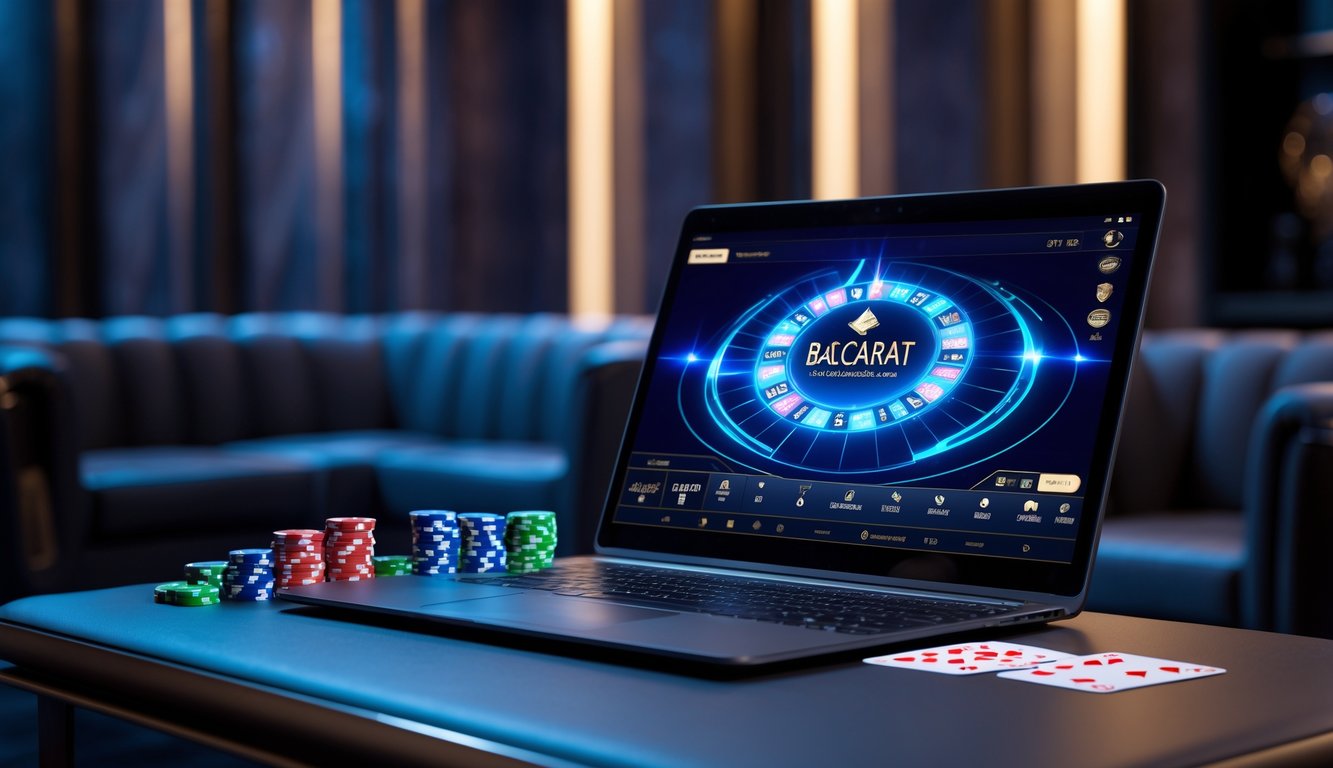 Sebuah laptop modern menampilkan permainan baccarat online dengan efek cahaya petir, di atas meja dengan chip poker dan kartu bermain, di ruangan dengan pencahayaan lembut.