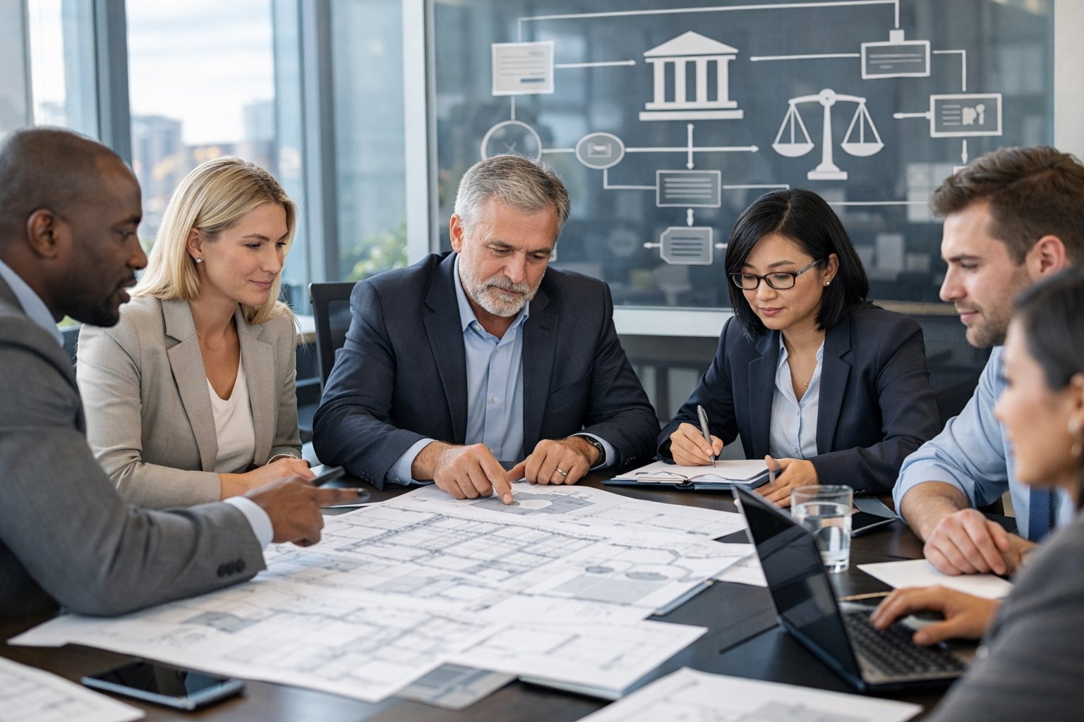 Des professionnels en réunion autour d'une table avec des documents et des plans, dans un bureau lumineux.