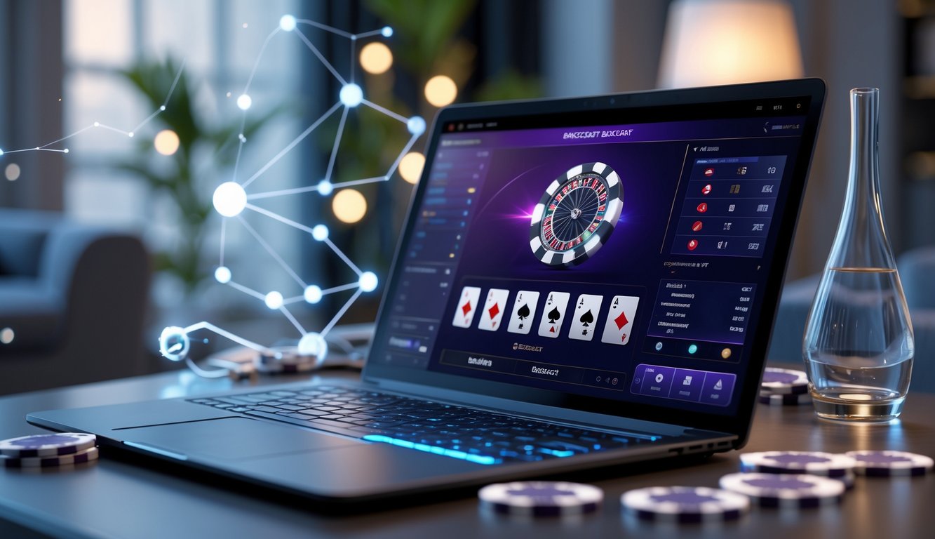 Seseorang menggunakan komputer dengan tampilan permainan baccarat online di layar dalam ruangan yang nyaman.