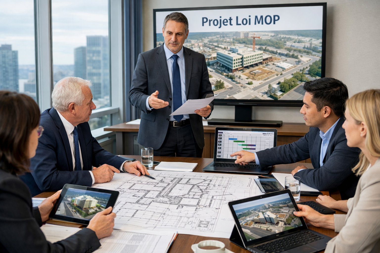 Un groupe de professionnels en réunion autour d'une table avec des plans et des ordinateurs, discutant d'un projet public.