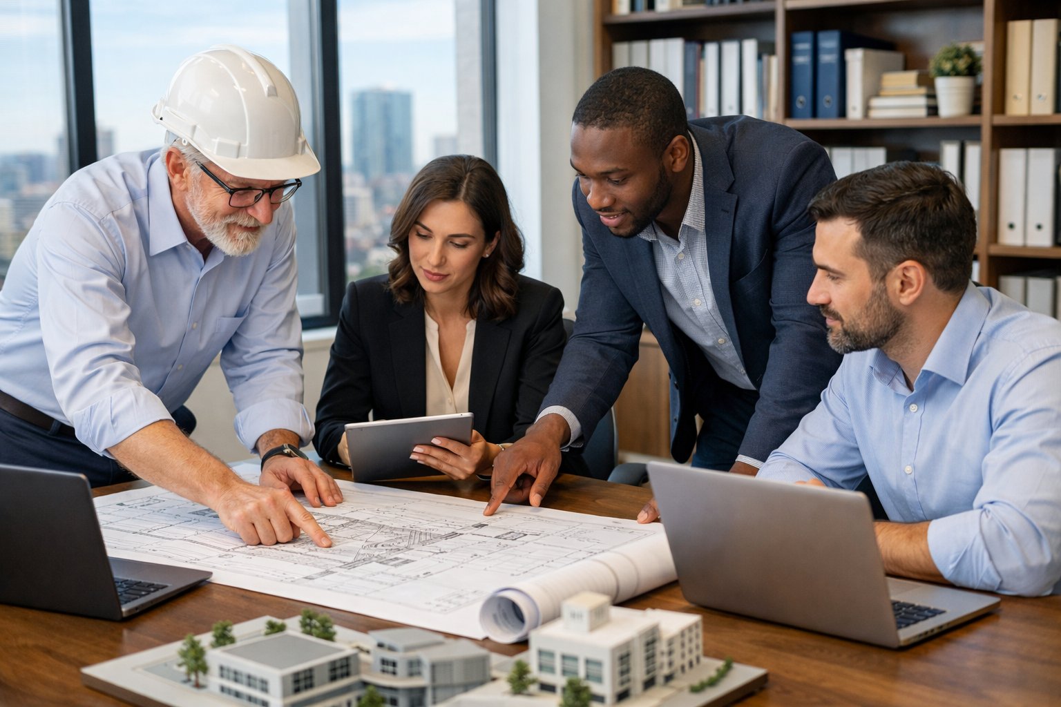 Des professionnels en réunion autour d'une table avec des plans et des ordinateurs dans un bureau moderne, discutant d'un projet de construction.