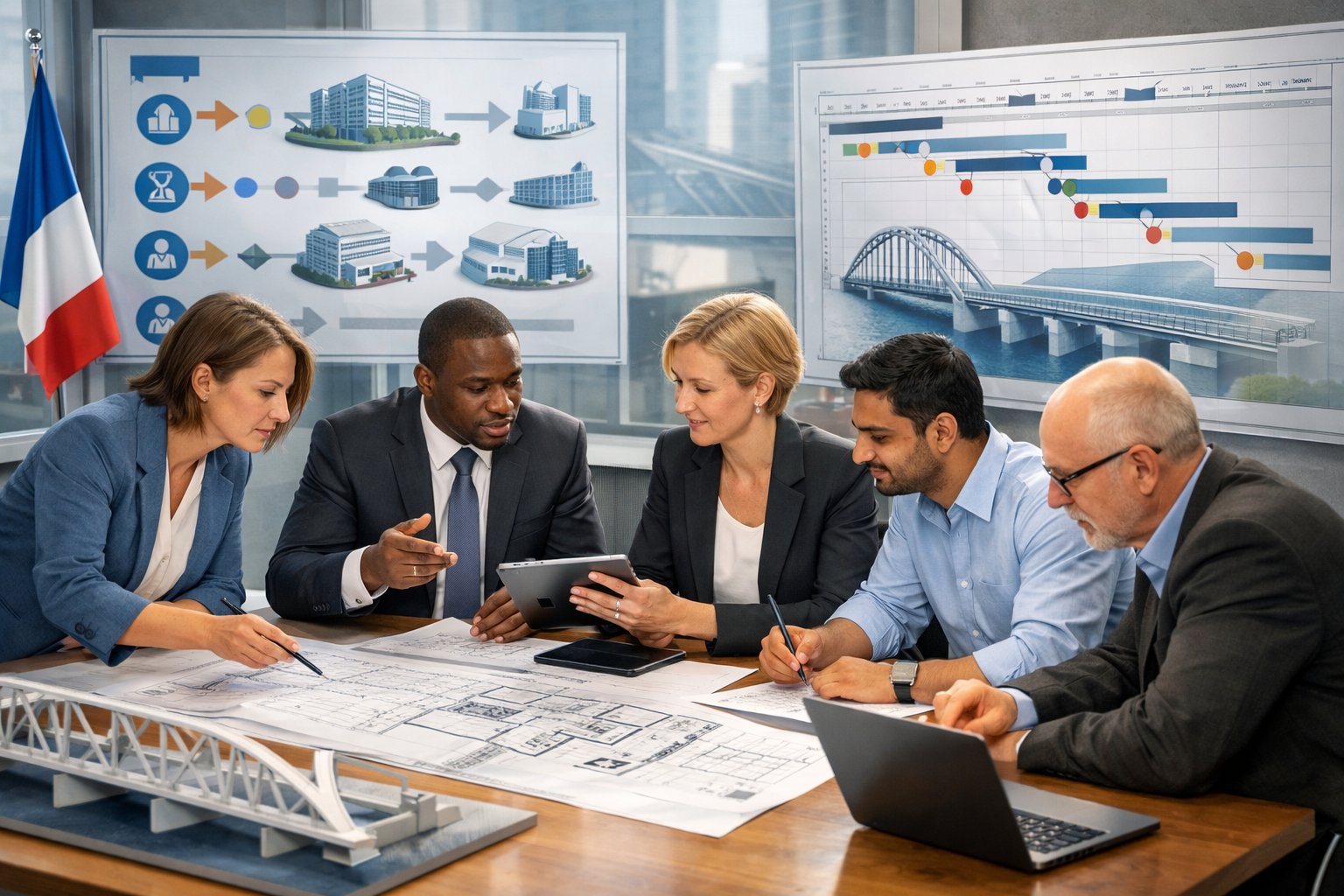 Un groupe de professionnels en réunion autour d'une table avec des plans et des écrans montrant des diagrammes de projet dans un bureau moderne.