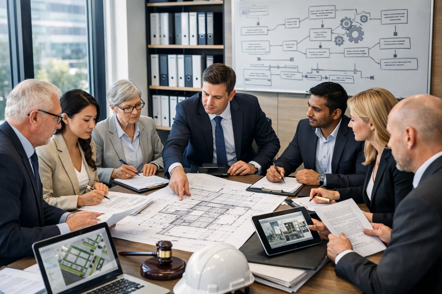 Un groupe de professionnels en réunion autour d'une table, examinant des plans et des documents dans un bureau moderne lumineux.