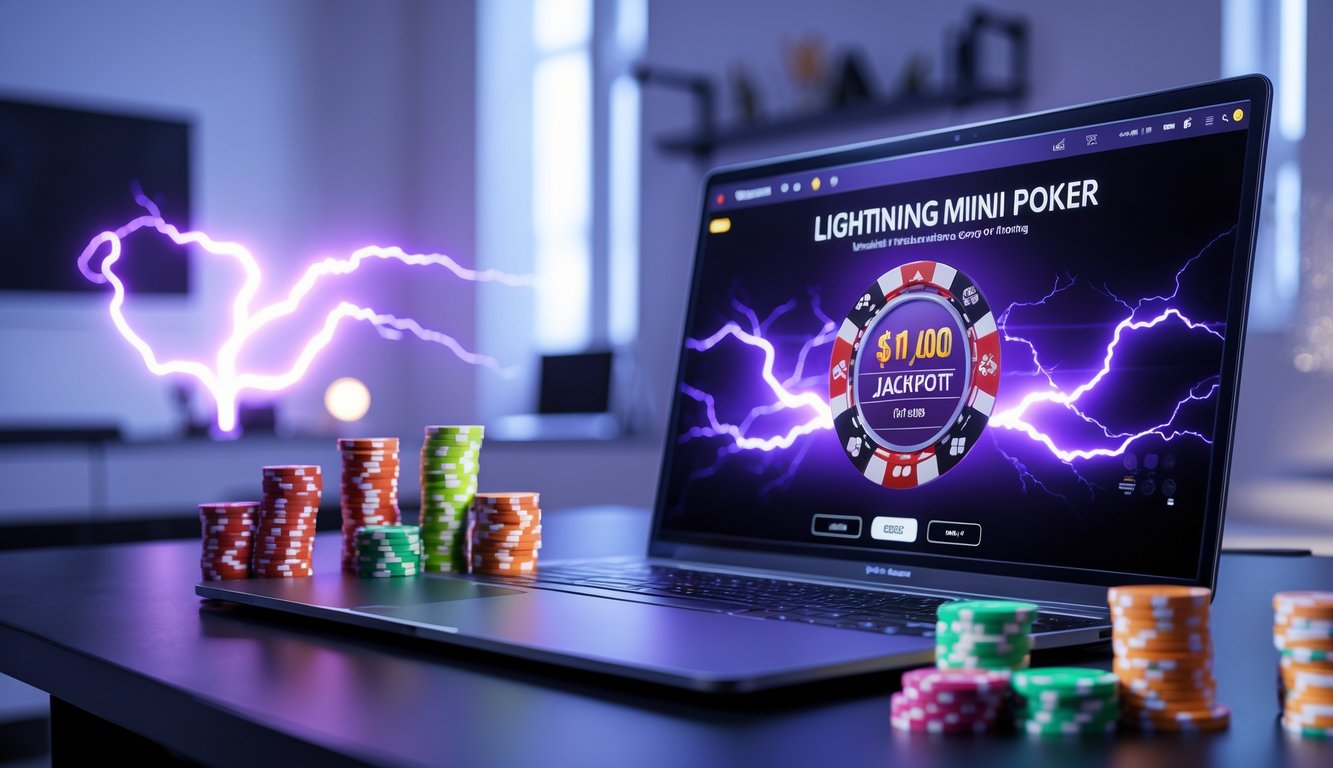 Sebuah meja poker digital dengan kartu dan tumpukan chip di layar laptop, dengan efek petir dan meter jackpot yang menyala di latar belakang.
