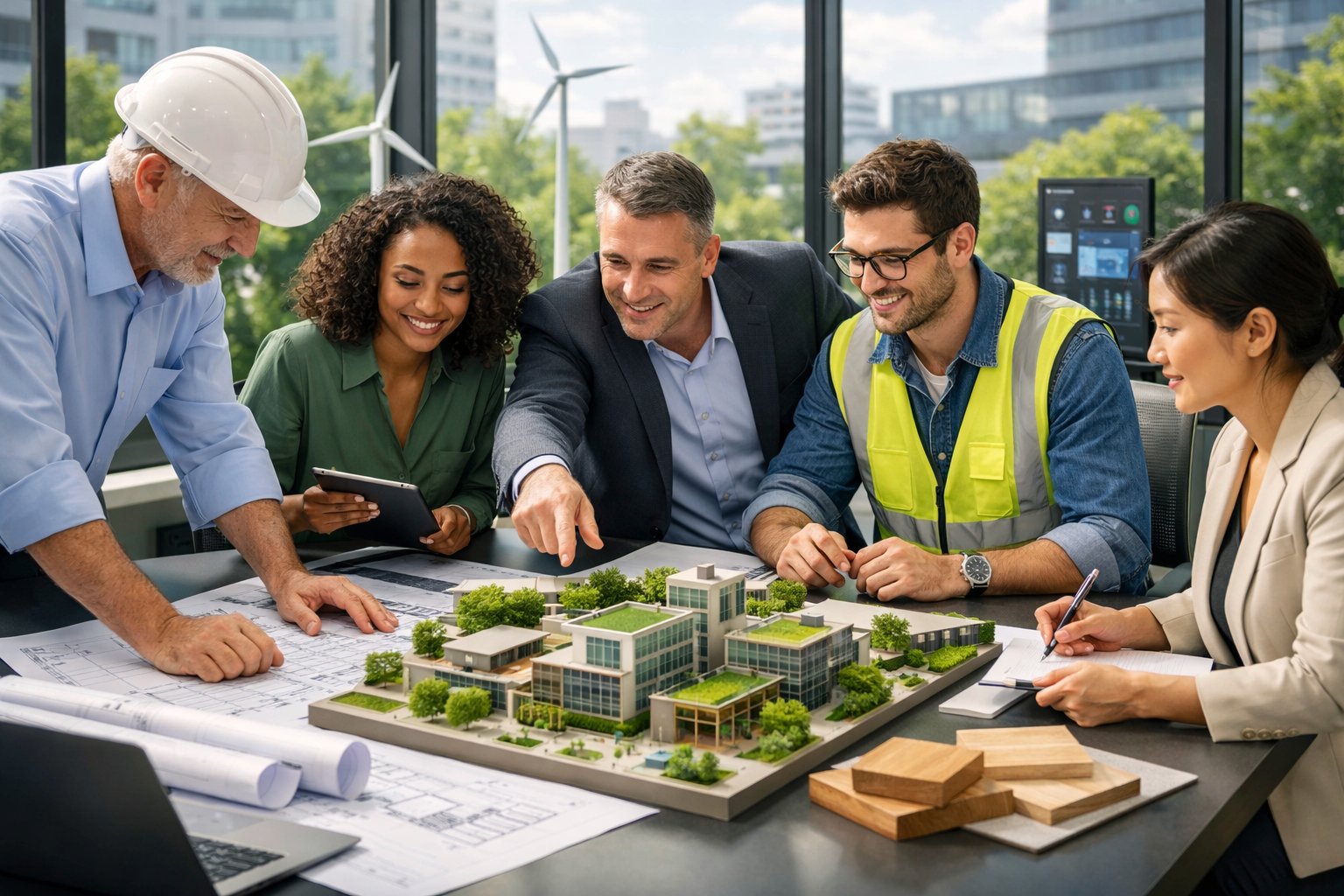 Un groupe de professionnels collaborant autour d'une table avec des plans et des maquettes de bâtiments durables dans un bureau moderne avec une vue sur un paysage urbain vert.