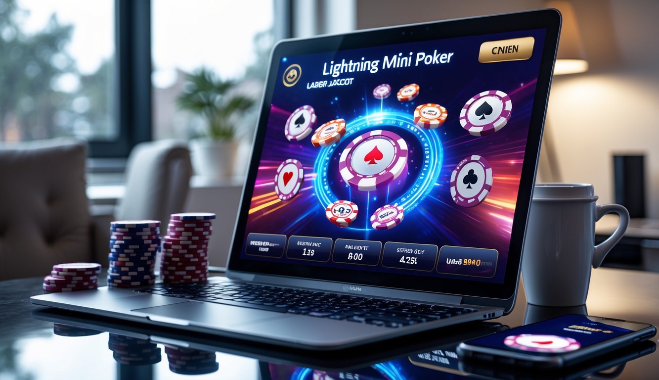 Sebuah meja kerja dengan komputer yang menampilkan permainan poker online Lightning Mini Poker, dikelilingi oleh tumpukan chip poker dan ponsel, dengan suasana yang terang dan profesional.
