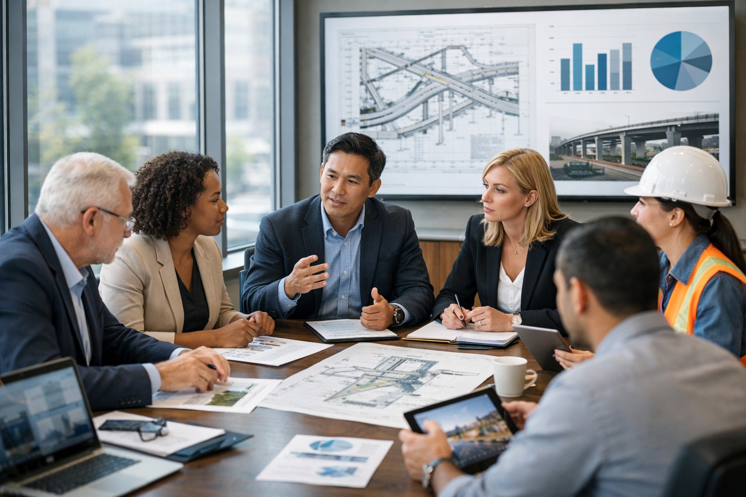 Un groupe de professionnels en réunion autour d'une table dans un bureau moderne, travaillant sur des plans de projets publics.