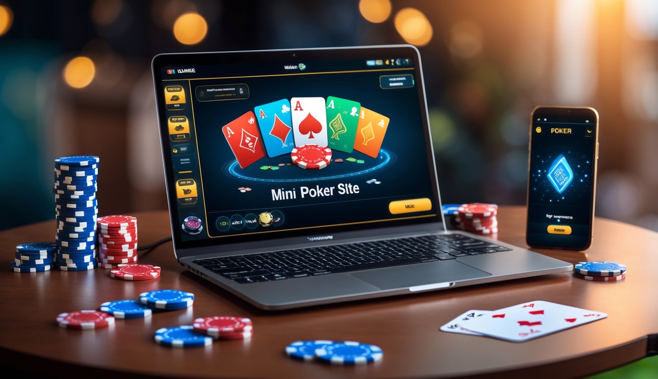 Sebuah laptop dengan permainan poker mini online yang sedang berjalan, dikelilingi oleh chip poker dan kartu remi di atas meja.