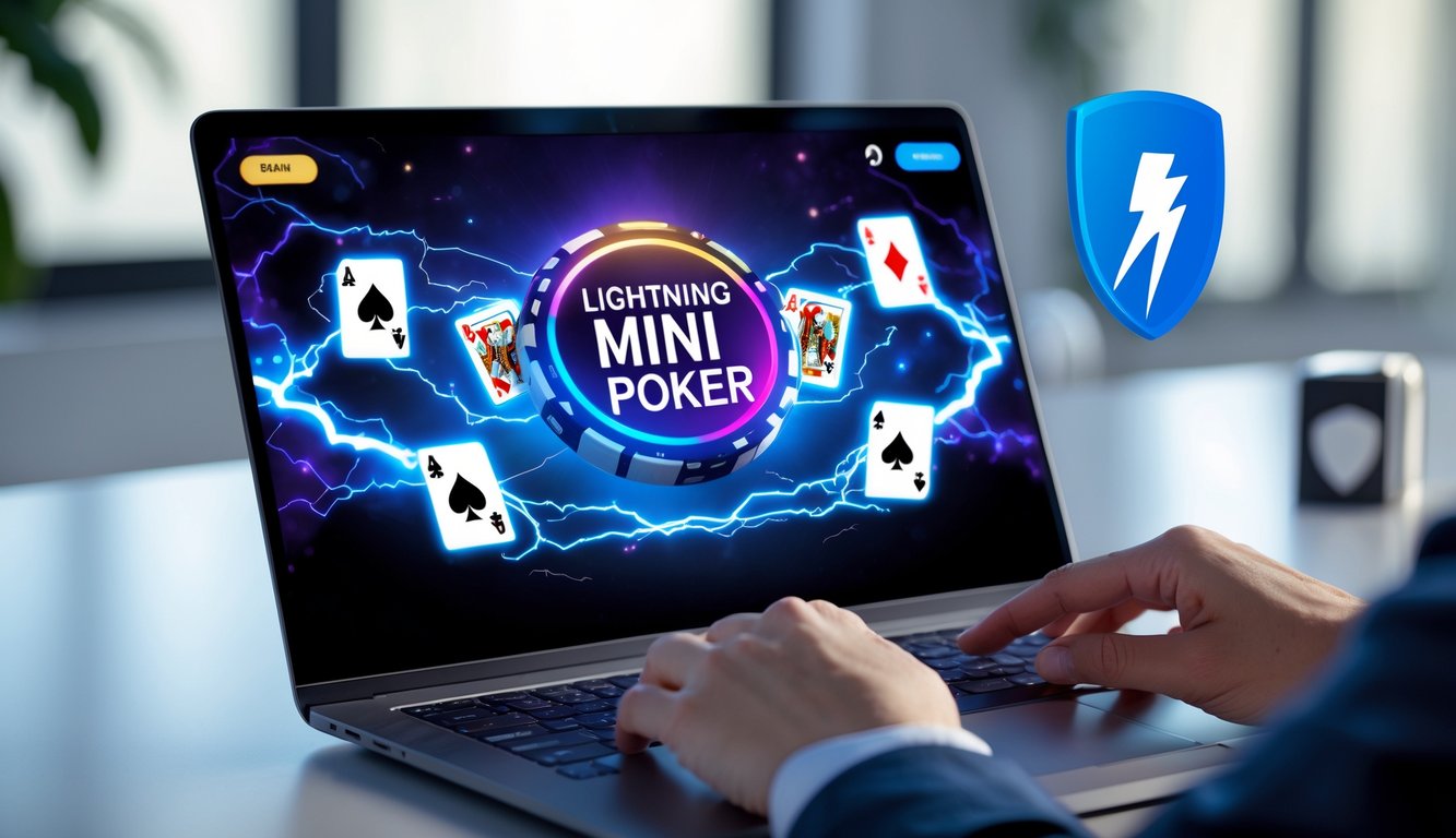 Seseorang menggunakan komputer dengan tampilan permainan poker online bertema petir di layar.