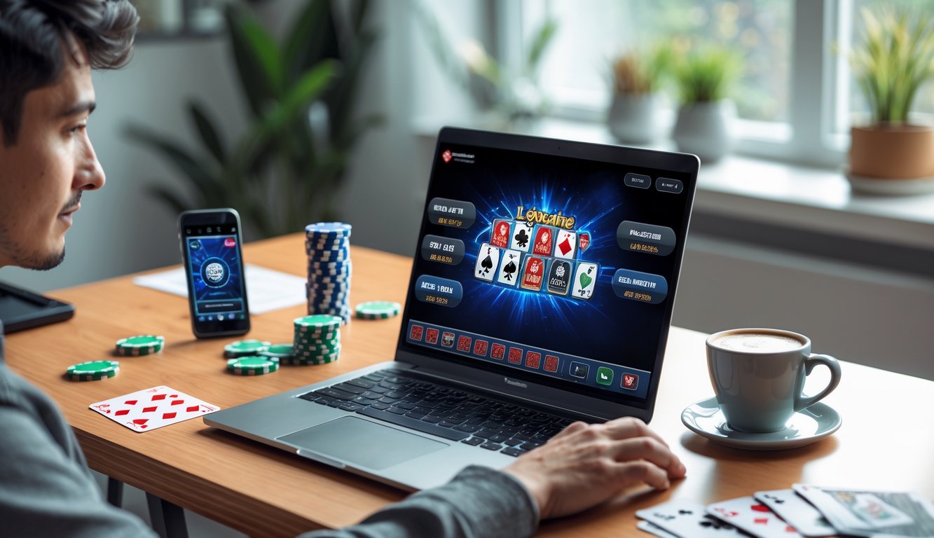 Seorang pemula sedang bermain Lightning Mini Poker online di laptop di ruang kerja rumah yang nyaman dan terang.